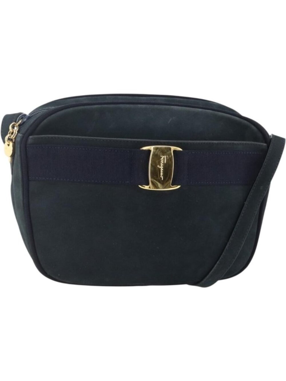 Salvatore Ferragamo Vala Shoulder Bag Suede Navy Gold